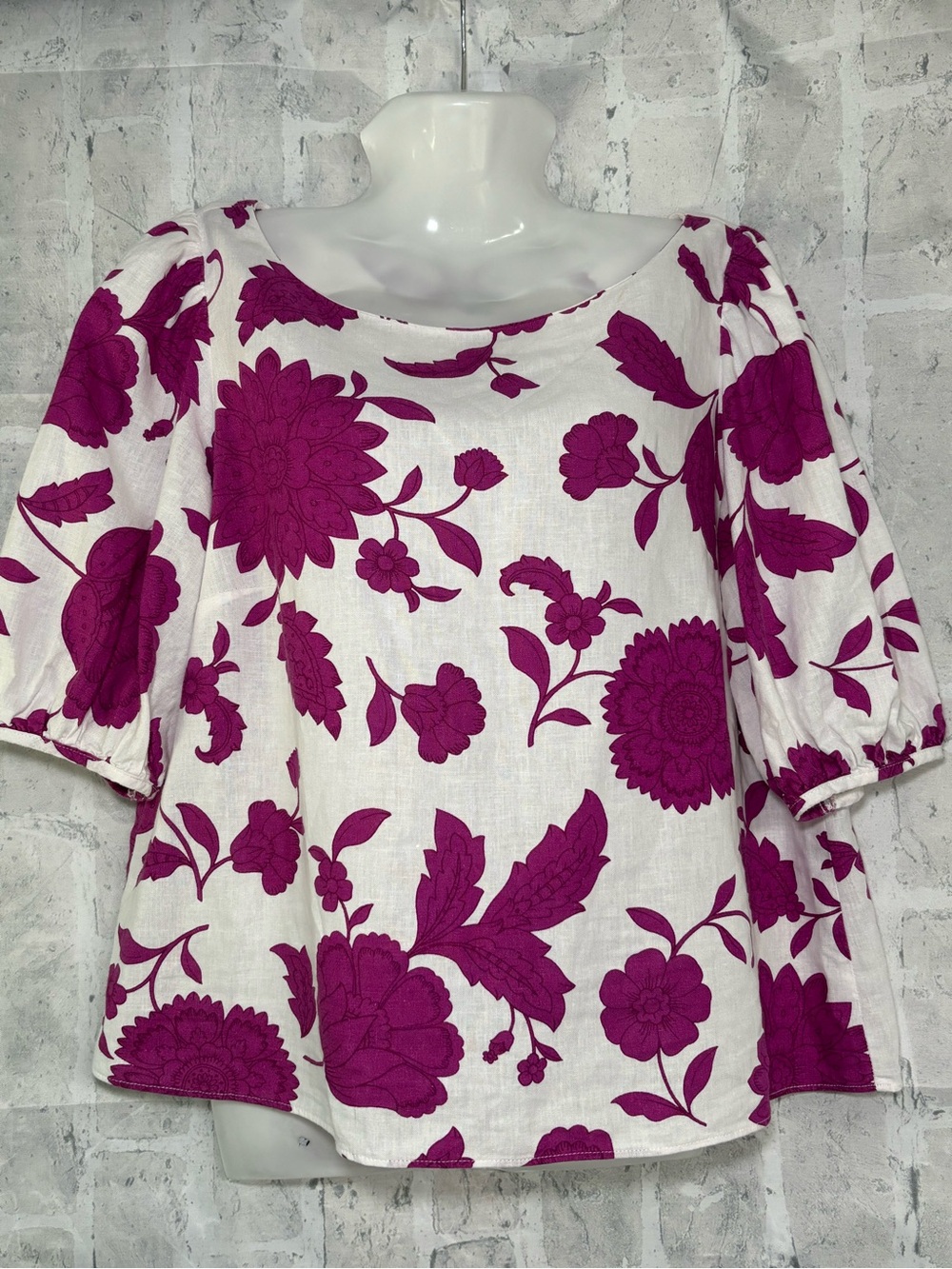 Ann Taylor Floral Linen Blend Boatneck Popover Top Magenta Shadow